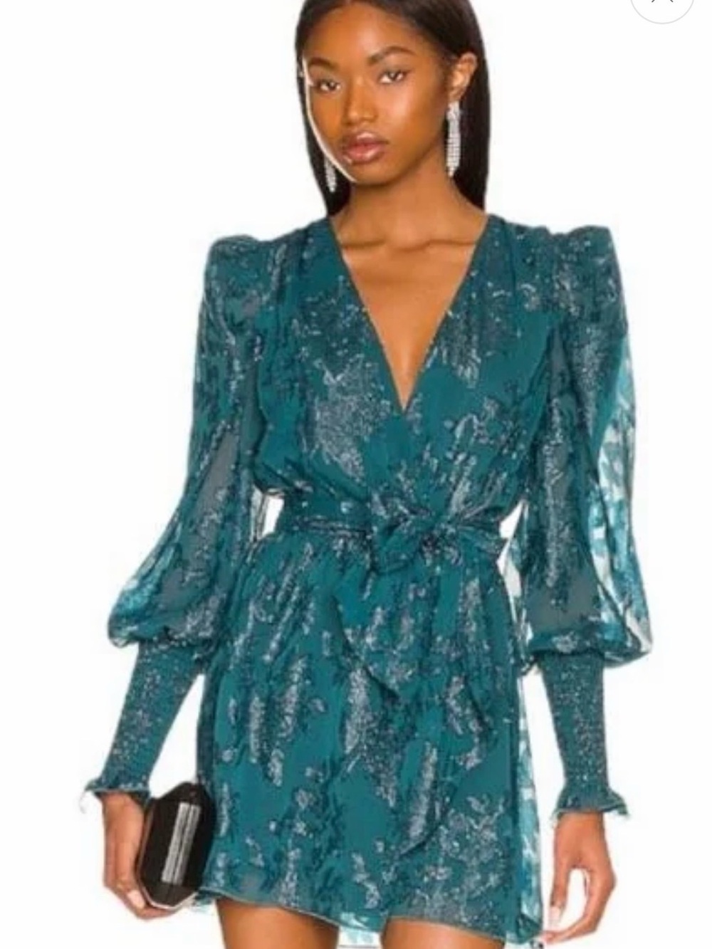 House of Harlow 1960 Teal Shimmer Floral Long Sleeve Mini Dress